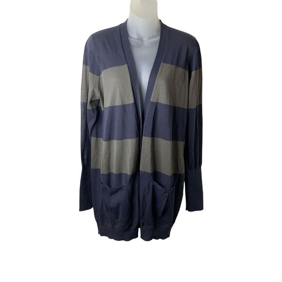 Brunello Cucinelli Striped Tunic Cardigan Sweater Women's XL Pockets Gray & Navy - Picture 2 of 15